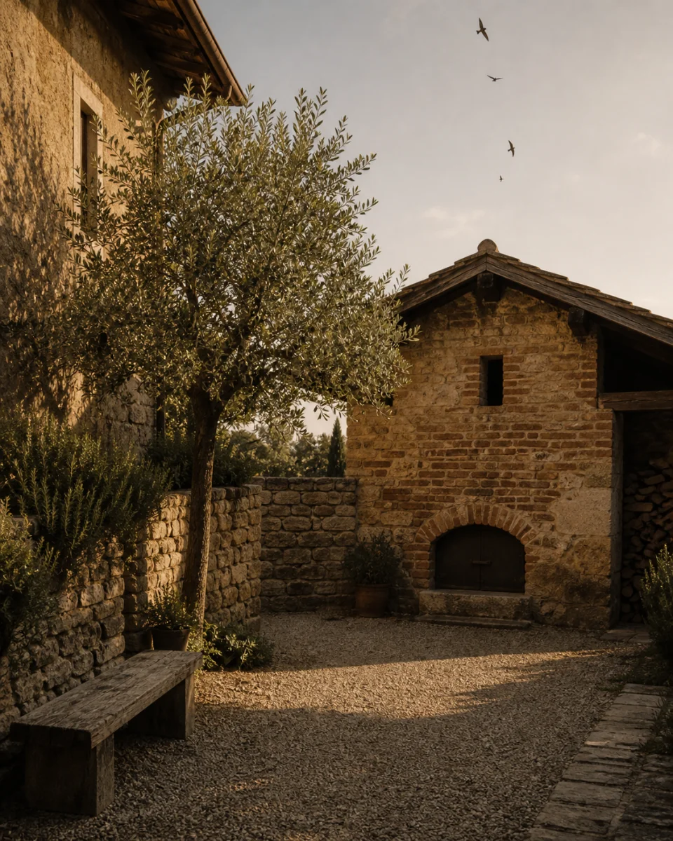 Außenanlage mit Olivenbaum, Steinmauer und historischem Backhaus