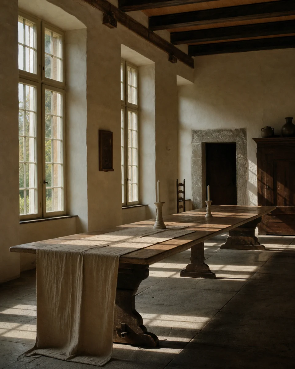 Historischer Tafelraum mit Steinboden, Balken und langer Holztafel