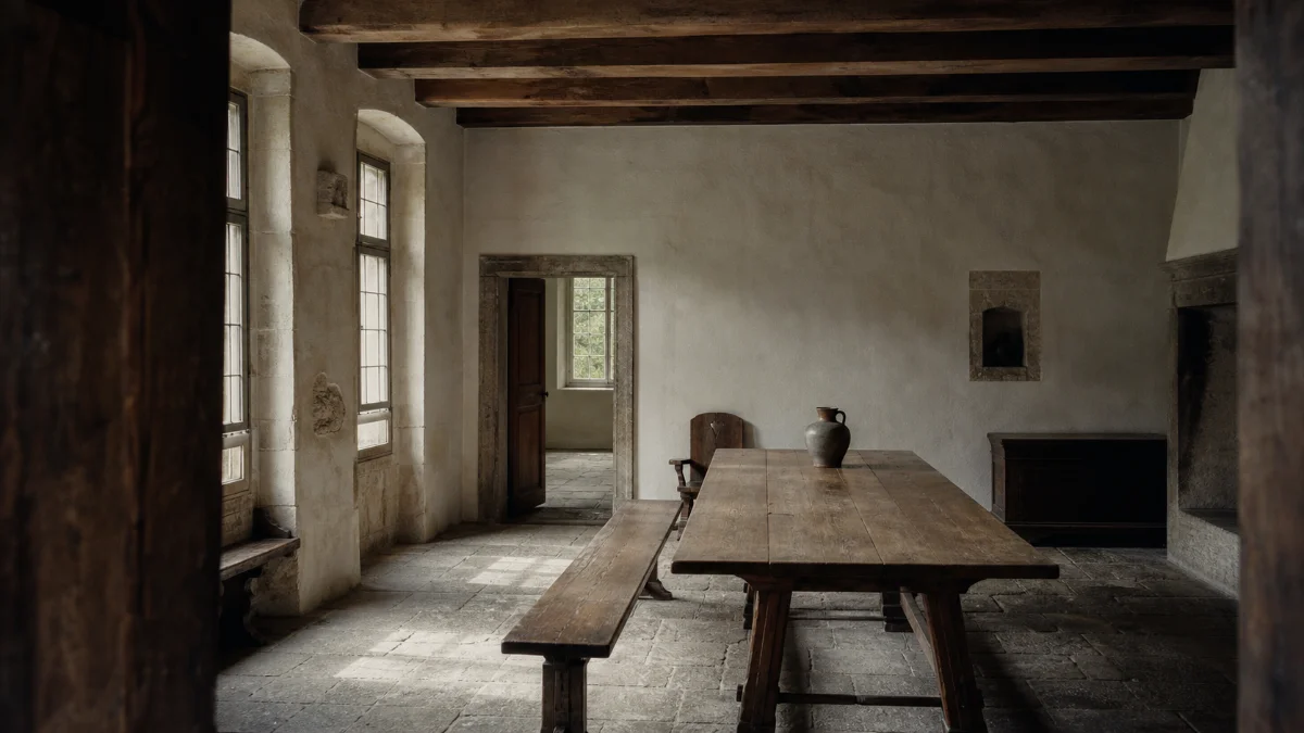 Innenansicht des Hauses — Tafelraum mit Stein, Holz und Tageslicht