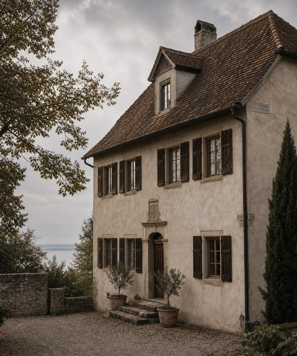 Fassade des Alten Haselhaus mit Blick auf den Bodensee