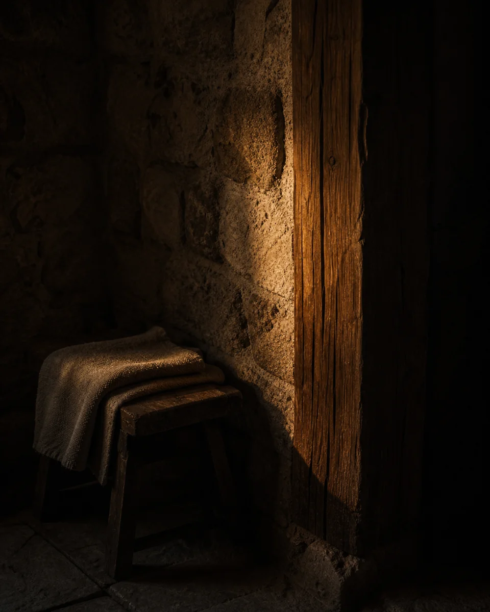 Ruhiges Materialdetail mit Stein, Holz und Licht